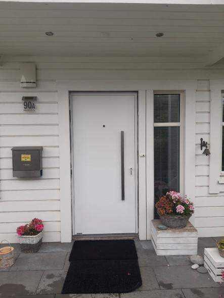 Weiße Alu-Haustür mit Stangengriff